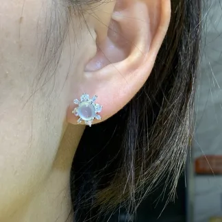 High-Icy Glowing Natural Jadeite Cabochon Stud Earrings — S925 Silver · No. 2647