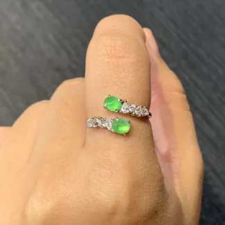 High-Icy Glowing Green Twin Cabochon Natural Jadeite Ring — S925 Silver · No. 57A4