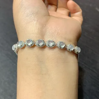 High-Icy Glowing Natural Jadeite Cabochon Bracelet — S925 Silver · No. 6636
