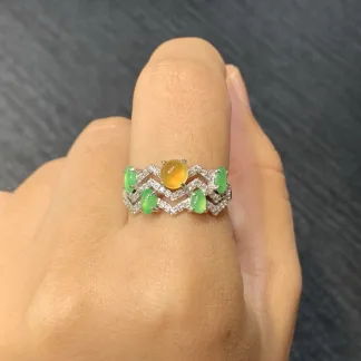 High-Icy Yellow and Green Natural Jadeite Cabochon Ring — S925 Silver · No. 0009