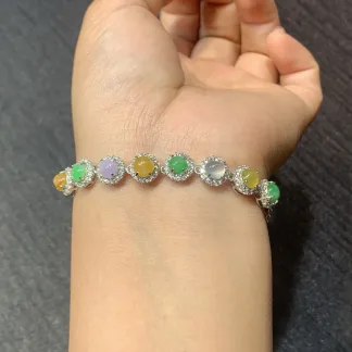 High-Icy Multicolor Natural Jadeite Cabochon Bracelet — S925 Silver · No. C184