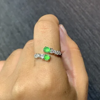 High-Icy Glowing Green Natural Jadeite Twin Cabochon Ring — S925 Silver · No. F0F7