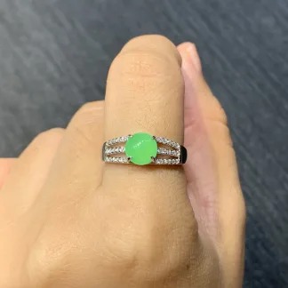 Icy Soft Vivid Green Natural Jadeite Cabochon Ring — S925 Silver · No. 69CB