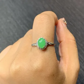 Icy Vivid Green Natural Jadeite Cabochon Ring — S925 Silver · No. 766D