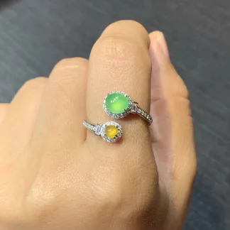 High-Icy Yellow and Green Natural Jadeite Cabochon Ring — S925 Silver · No. A925