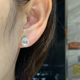 High-Icy Glowing Natural Jadeite Cabochon Stud Earrings — S925 Silver · No. 1B8A