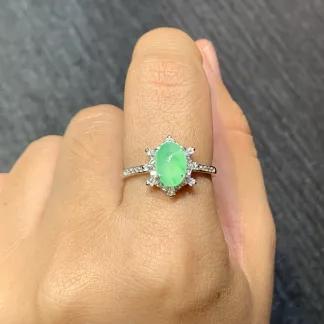 High-Icy Clear Green Natural Jadeite Cabochon Ring — S925 Silver · No. F1C4