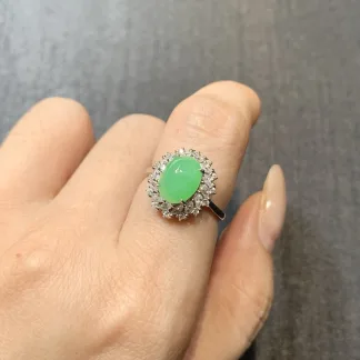 Fresh Green Natural Jadeite Cabochon Ring — S925 Silver · No. C9DB