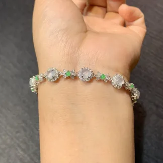High-Icy Glowing Natural Jadeite Cabochon Bracelet — S925 Silver · No. E880