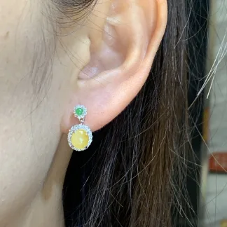 High-Icy Honey Yellow Natural Jadeite Cabochon Drop Earrings — S925 Silver · No. CE49