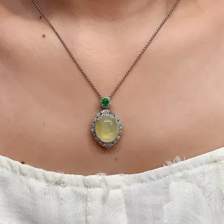 High-Icy Honey Yellow Natural Jadeite Cabochon Pendant — S925 Silver · No. 27AC