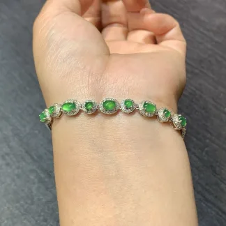Icy Intense Vivid Green Natural Jadeite Cabochon Bracelet — S925 Silver · No. 66B9