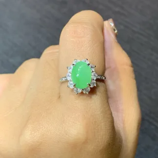 Icy Vivid Green Natural Jadeite Cabochon Ring — S925 Silver · No. C1A3