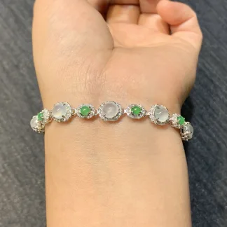 High-Icy Glowing White and Green Natural Jadeite Cabochon Bracelet — S925 Silver · No. 121D
