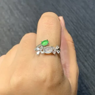 High-Icy Glowing White and Green Natural Jadeite Cabochon Ring — S925 Silver · No. 067B