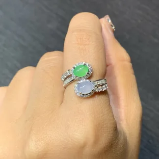 High-Icy White and Green Natural Jadeite Cabochon Ring — S925 Silver · No. 9F14