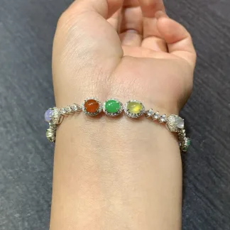 High-Icy Multicolor Natural Jadeite Cabochon Bracelet — S925 Silver · No. 9B9B