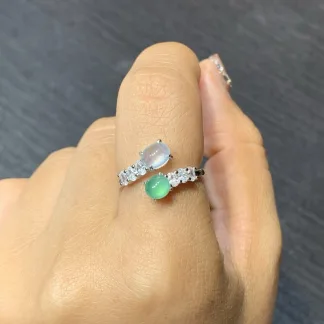 High-Icy White and Green Natural Jadeite Cabochon Ring — S925 Silver · No. 1F57
