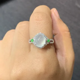 High-Icy Glowing Natural Jadeite Cabochon Ring — S925 Silver · No. 592D
