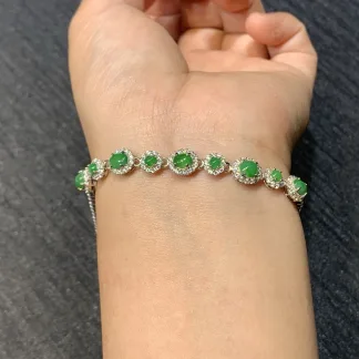 Icy Vivid Green Natural Jadeite Cabochon Bracelet — S925 Silver · No. 741C