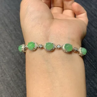 Icy Vivid Green Clear Natural Jadeite Cabochon Bracelet — S925 Silver · No. 0BB3
