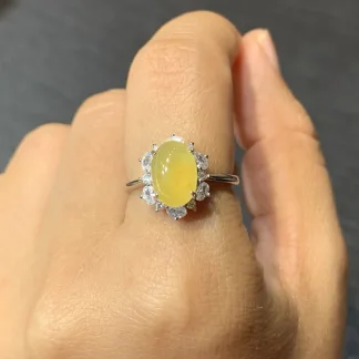High-Icy Honey Yellow Natural Jadeite Cabochon Ring — S925 Silver · No. 2900