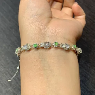 High-Icy Glowing Natural Jadeite Cabochon Bracelet — S925 Silver · No. 5292