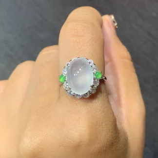 High-Icy Glowing Natural Jadeite Cabochon Ring — S925 Silver · No. B5F3