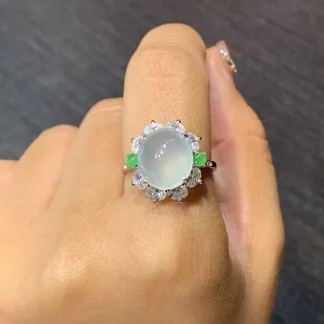 High-Icy Glowing Natural Jadeite Cabochon Ring — S925 Silver · No. 1DB5