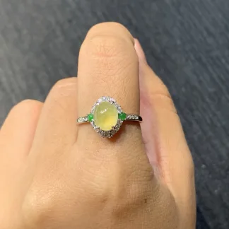 Icy Honey Yellow Natural Jadeite Cabochon Ring — S925 Silver · No. 3D65