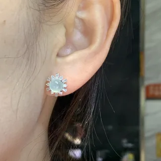 High-Icy Clear Natural Jadeite Cabochon Stud Earrings — S925 Silver · No. B8AC
