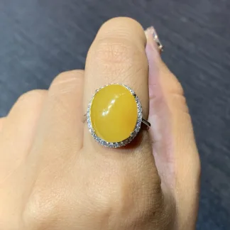 Icy Rich Golden Yellow Natural Jadeite Cabochon Ring — S925 Silver · No. 753B
