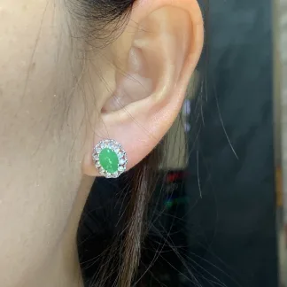 High-Icy Vivid Green Natural Jadeite Cabochon Stud Earrings — S925 Silver · No. 4C63