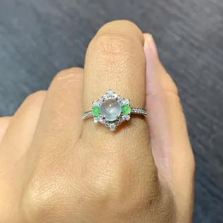 High-Icy White Natural Jadeite Cabochon Ring — S925 Silver · No. CA34