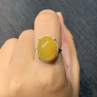 Icy Honey Yellow Natural Jadeite Cabochon Ring — S925 Silver · No. E4EA