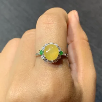 High-Icy Honey Yellow Natural Jadeite Cabochon Ring — S925 Silver · No. 64B7