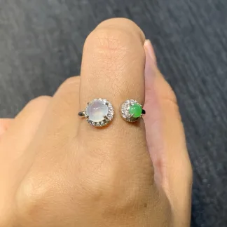High-Icy Glowing White and Green Natural Jadeite Cabochon Ring — S925 Silver · No. 6ADF