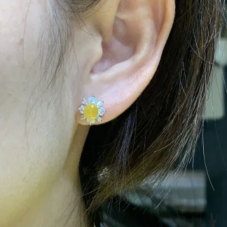 High-Icy Honey Yellow Natural Jadeite Cabochon Stud Earrings — S925 Silver · No. 3AD4