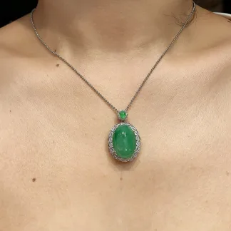Vivid Green Natural Jadeite Cabochon Pendant — S925 Silver · No. D2C9