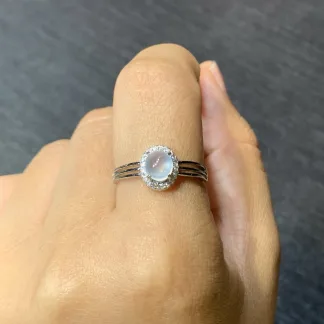 High-Icy Glowing Natural Jadeite Cabochon Ring — S925 Silver · No. 35C9