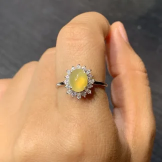 High-Icy Honey Yellow Natural Jadeite Cabochon Ring — S925 Silver · No. EF4E
