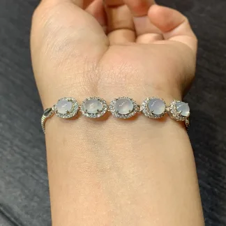 High-Icy Glowing Natural Jadeite Cabochon Bracelet — S925 Silver · No. E4F1