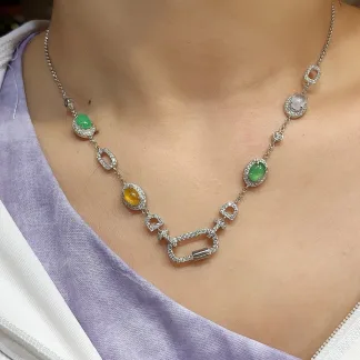 High-Icy Multicolor Natural Jadeite Convertible Cabochon Chain — S925 Silver · No. 3027