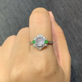High-Icy Glowing Natural Jadeite Cabochon Ring — S925 Silver · No. F62C