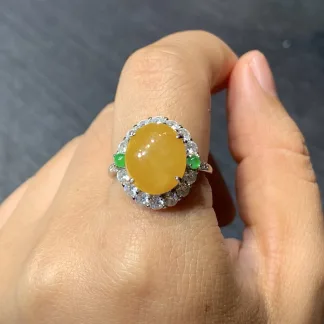 Icy Honey Yellow Natural Jadeite Cabochon Ring — S925 Silver · No. 87C8