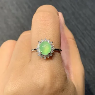 High-Icy Clear Green Natural Jadeite Cabochon Ring — S925 Silver · No. F621