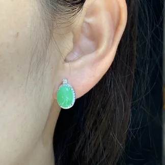 Vivid Green Natural Jadeite Cabochon Stud Earrings — S925 Silver · No. B065