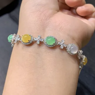High-Icy Tricolor Natural Jadeite Cabochon Bracelet — S925 Silver · No. 3553