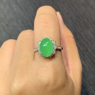 Icy Vivid Green Natural Jadeite Cabochon Ring — S925 Silver · No. 074A