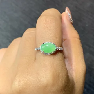 Icy Soft Green Natural Jadeite Cabochon Ring — S925 Silver · No. 40B9
